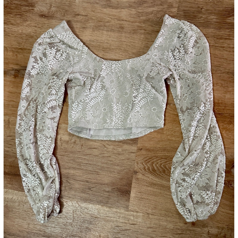 Altar'd State Ivory Lace Balloon Long Sleeve‎ Square Neck Cropped Top Women's S